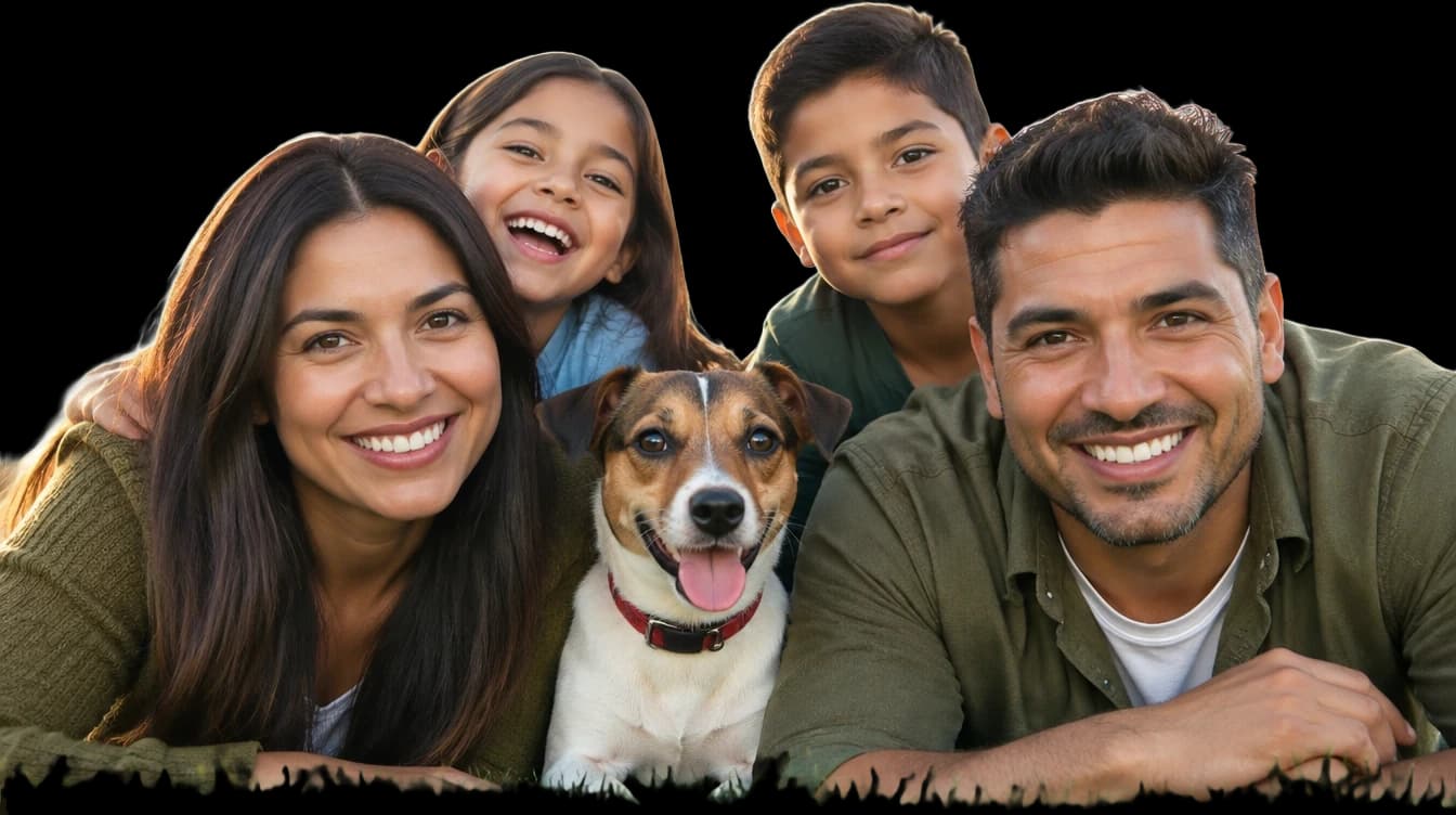 Familia sonriendo junto a su perro